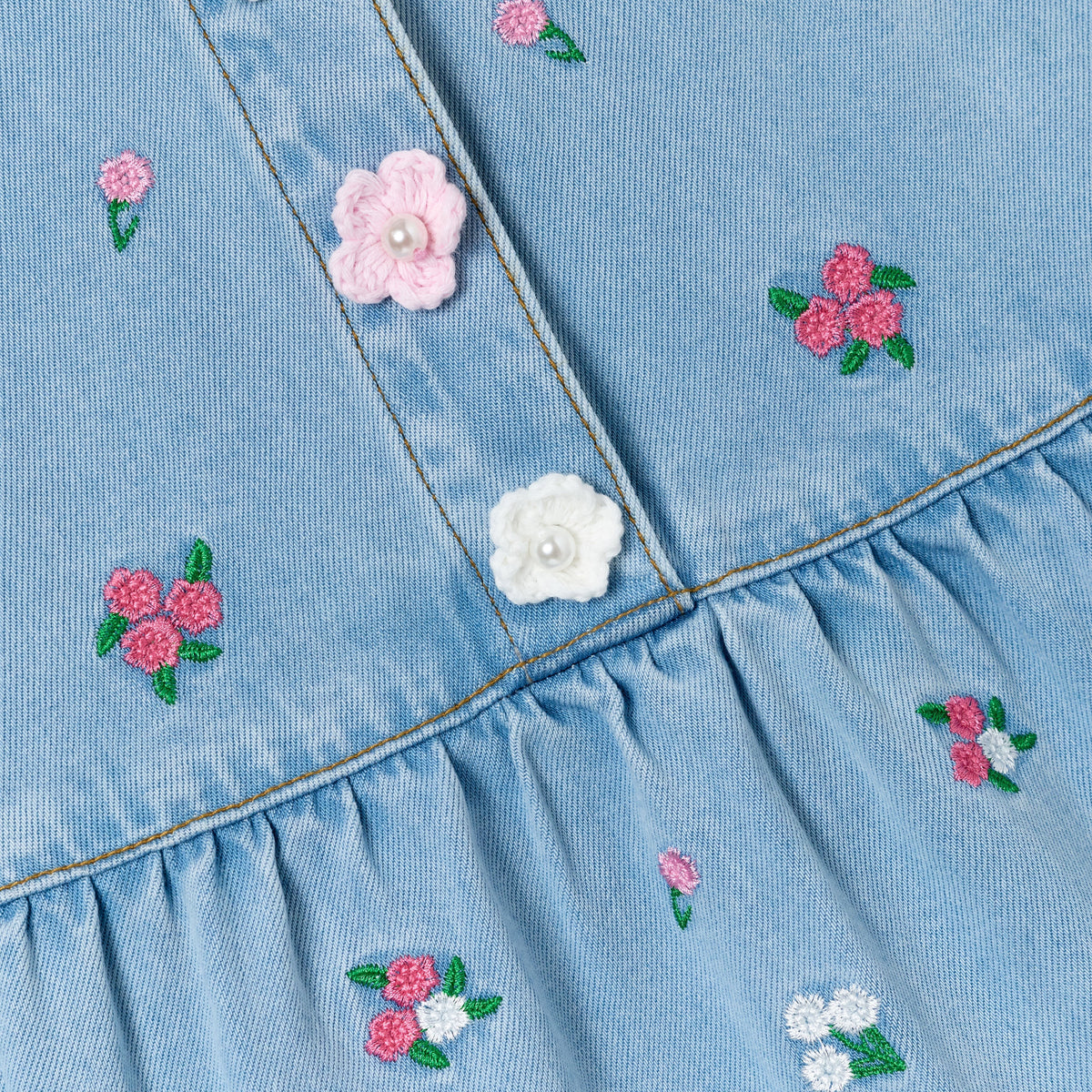 Mavi Çiçek İşlemeli Denim Çocuk Elbise
