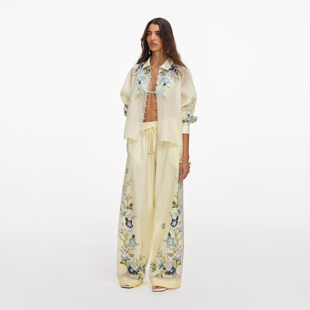 Sarı Çiçek Desenli Organze Pantolon