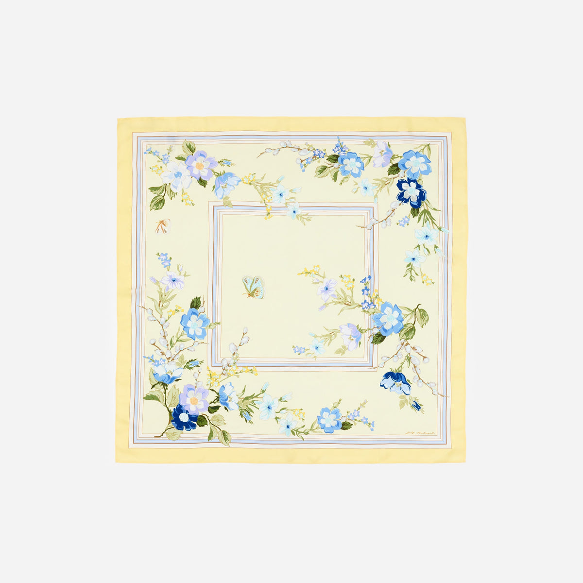 Sarı Çiçek Desenli İpek Twill Eşarp