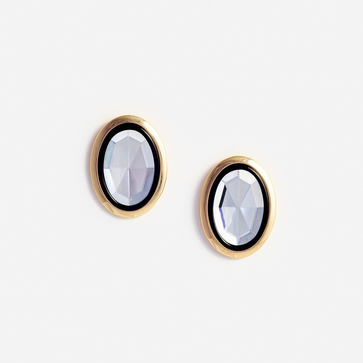 Altın Siyah Emaye ve Kristal Detaylı Oval Küpe