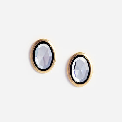 Altın Siyah Emaye ve Kristal Detaylı Oval Küpe