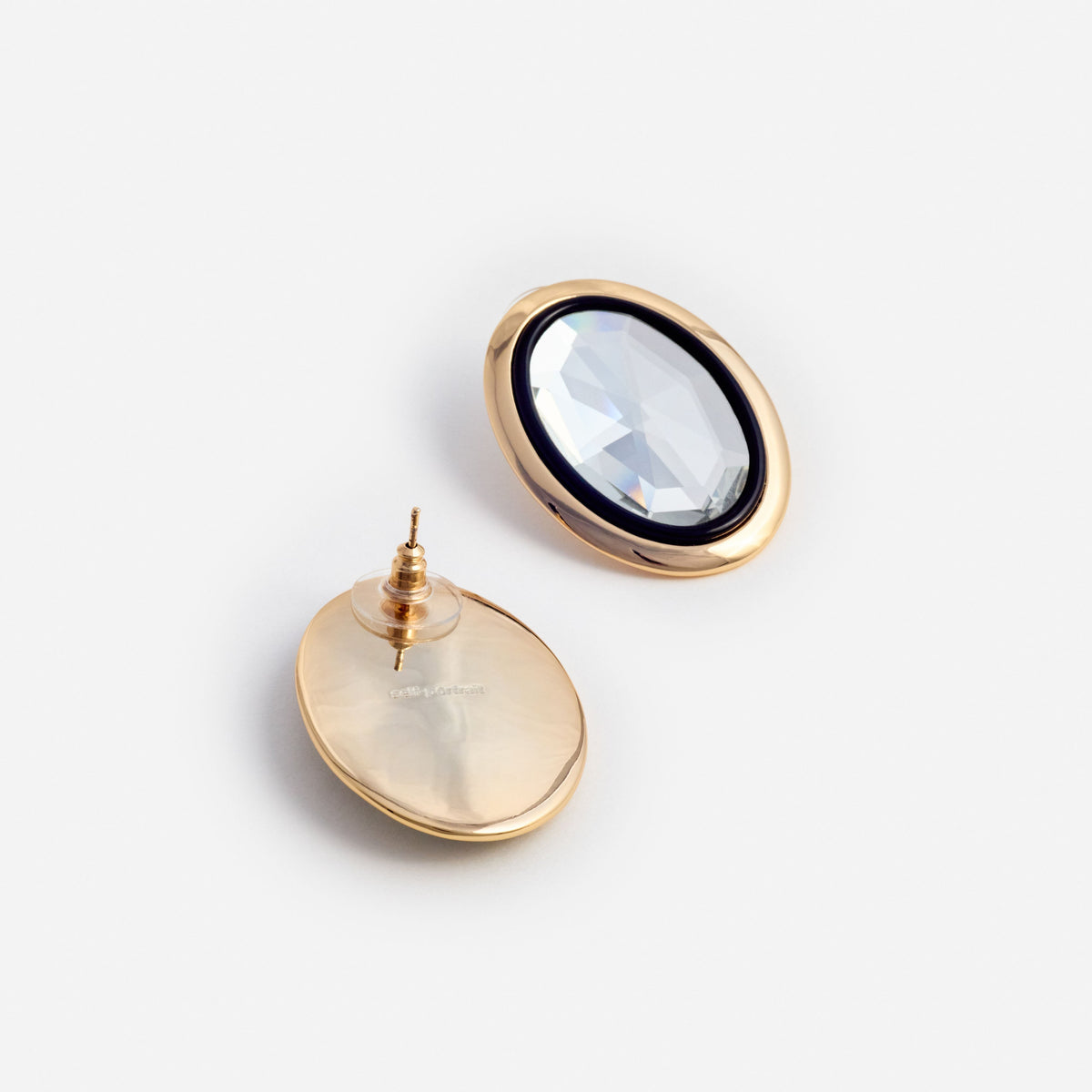 Altın Siyah Emaye ve Kristal Detaylı Oval Küpe