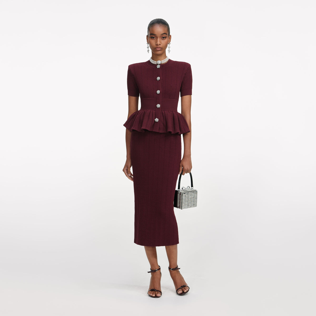 Bordo Ajurlu Örgü Peplum Detaylı Midi Elbise