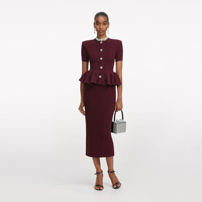 Bordo Ajurlu Örgü Peplum Detaylı Midi Elbise
