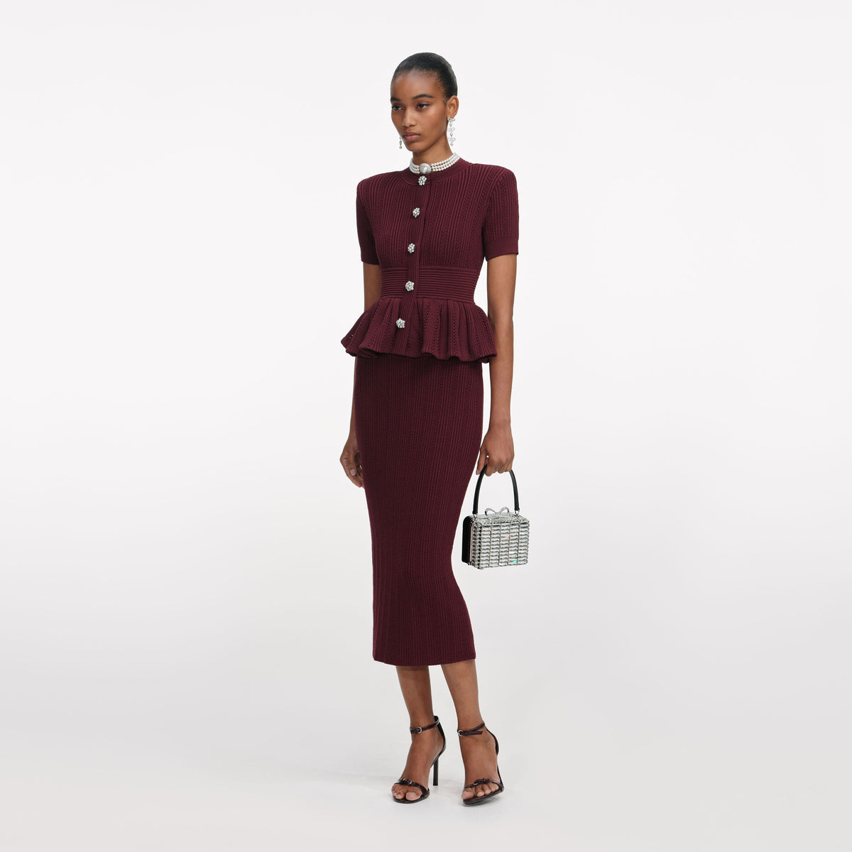 Bordo Ajurlu Örgü Peplum Detaylı Midi Elbise
