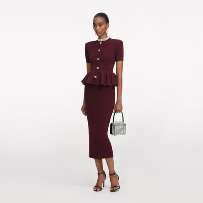 Bordo Ajurlu Örgü Peplum Detaylı Midi Elbise