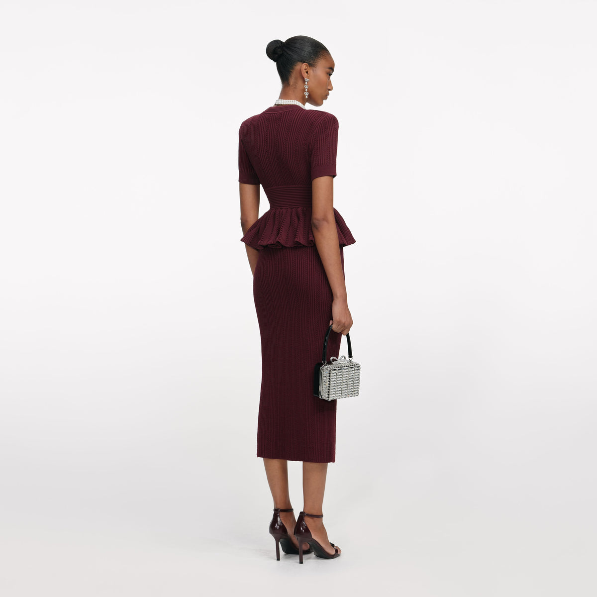 Bordo Ajurlu Örgü Peplum Detaylı Midi Elbise