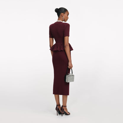 Bordo Ajurlu Örgü Peplum Detaylı Midi Elbise