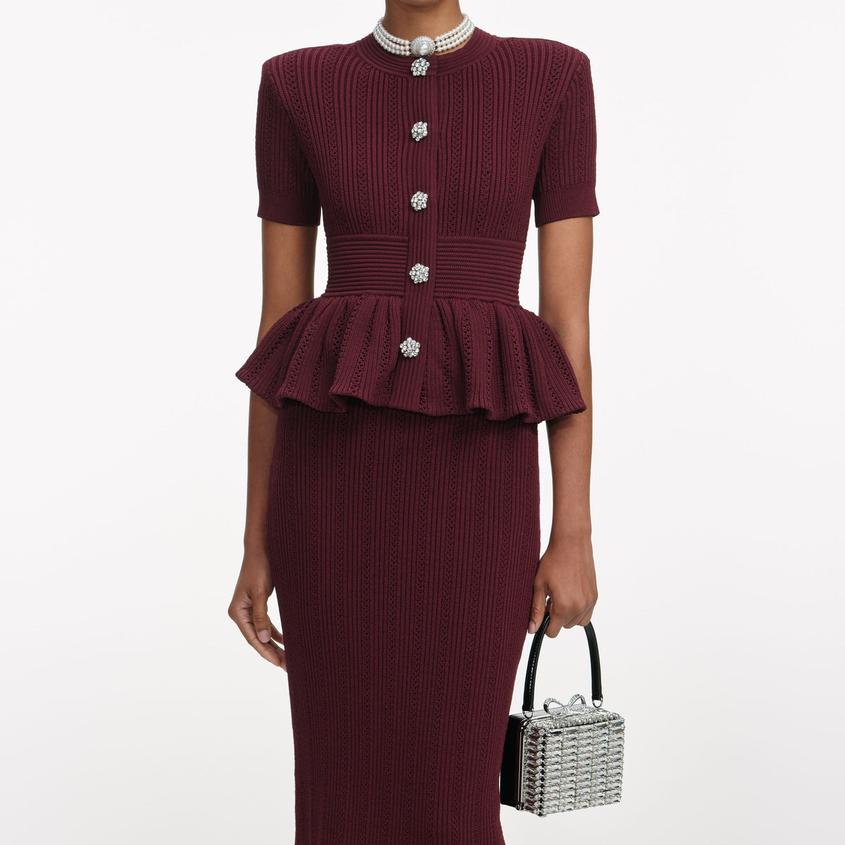Bordo Ajurlu Örgü Peplum Detaylı Midi Elbise