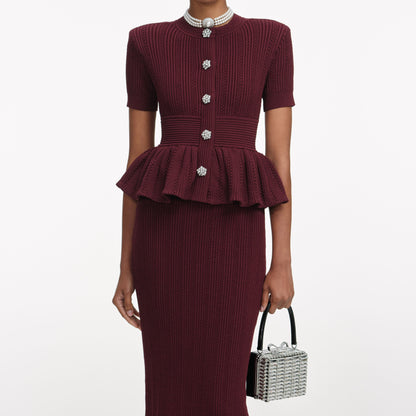 Bordo Ajurlu Örgü Peplum Detaylı Midi Elbise