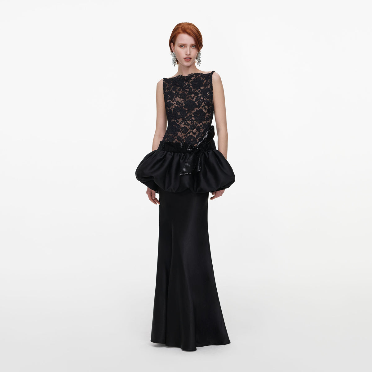 Siyah Dantel Balon Peplum Maksi Elbise