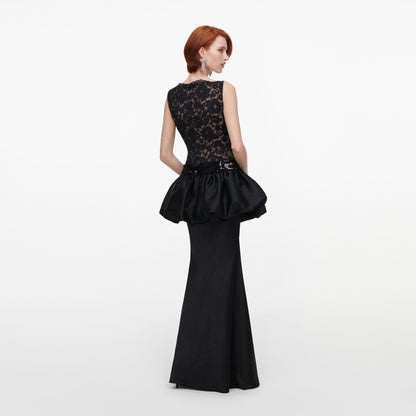 Siyah Dantel Balon Peplum Maksi Elbise