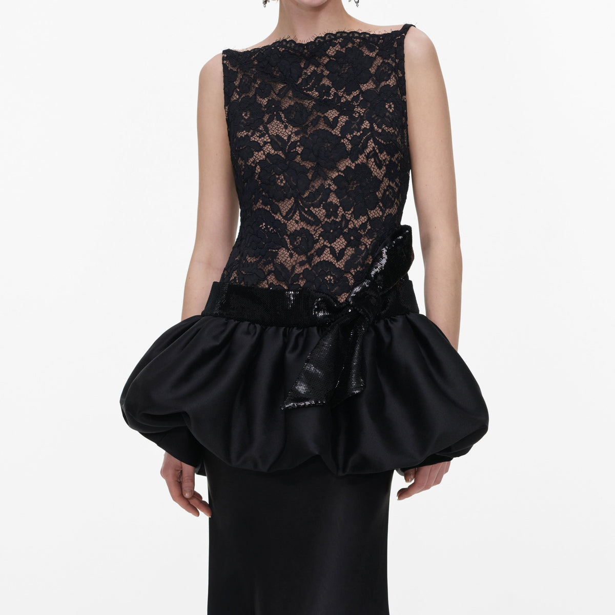 Siyah Dantel Balon Peplum Maksi Elbise
