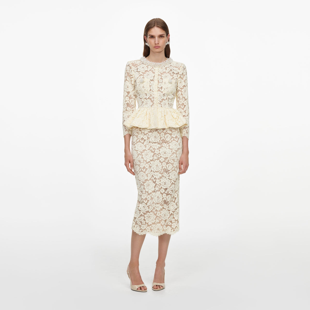 Sarı Peplum Detaylı Dantel Midi Elbise