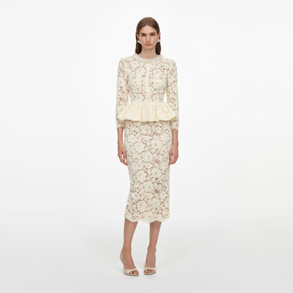 Sarı Peplum Detaylı Dantel Midi Elbise