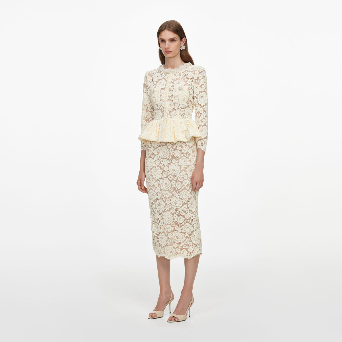 Sarı Peplum Detaylı Dantel Midi Elbise