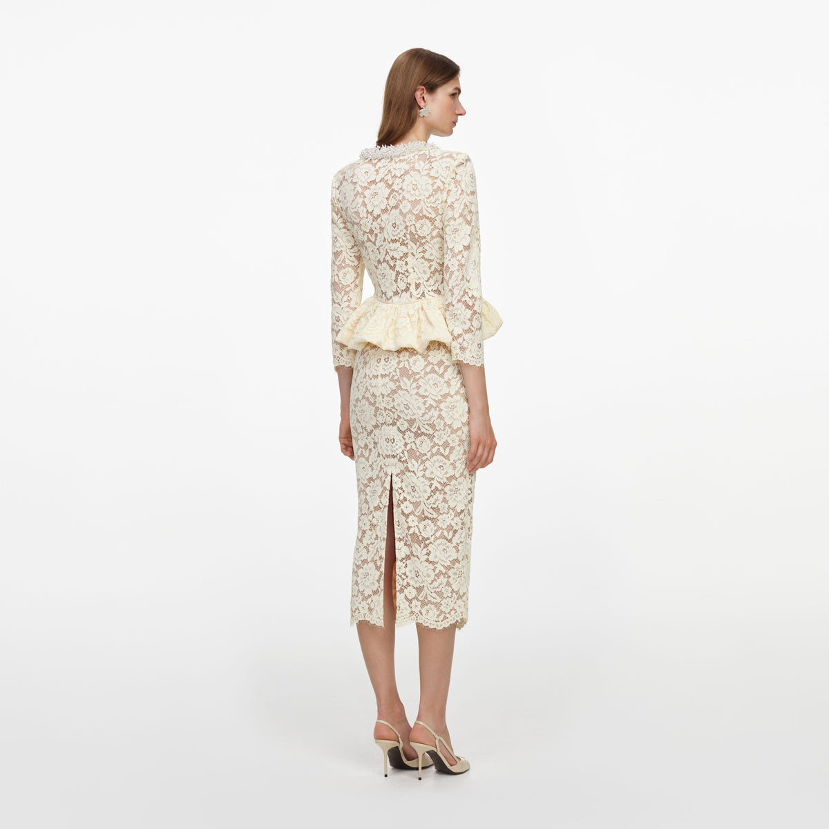 Sarı Peplum Detaylı Dantel Midi Elbise