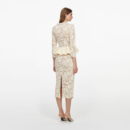 Sarı Peplum Detaylı Dantel Midi Elbise