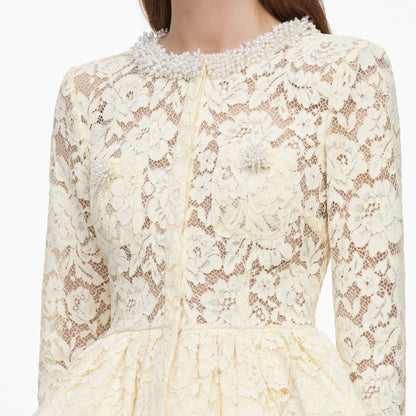 Sarı Peplum Detaylı Dantel Midi Elbise