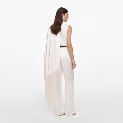Krem Saten Püsküllü Eşarp Detaylı Kolsuz Bluz