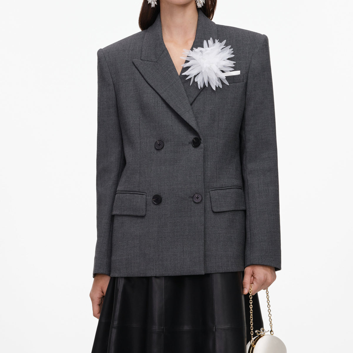Gri Çiçek Detaylı Kruvaze Blazer Ceket