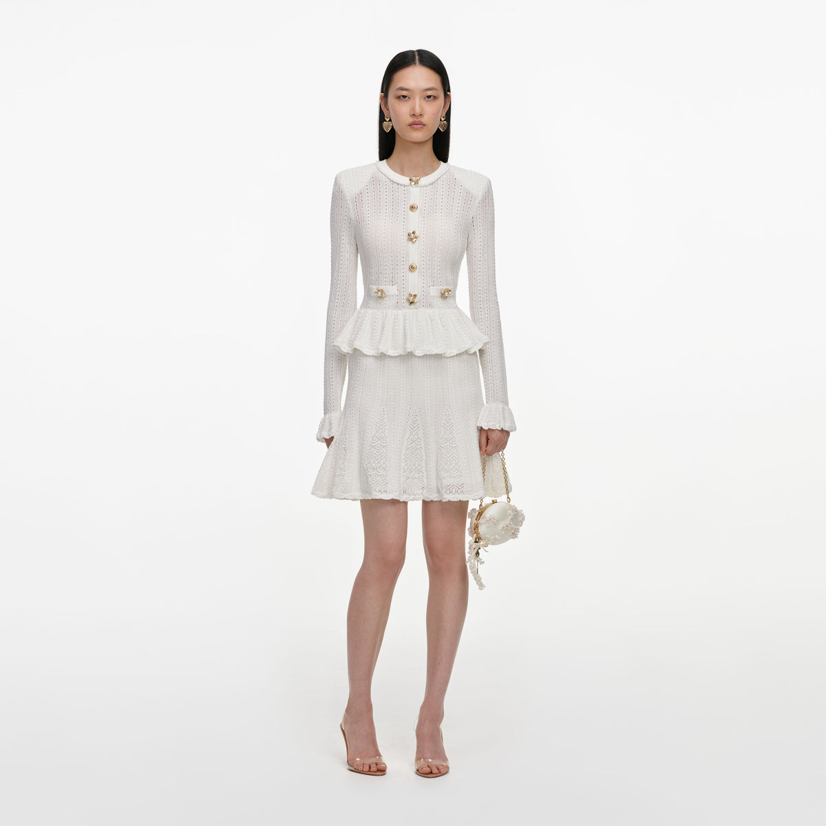 Beyaz Ajurlu ve Peplum Detaylı Triko Mini Elbise