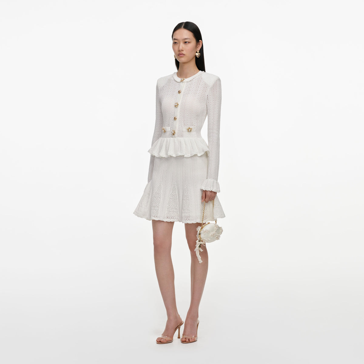 Beyaz Ajurlu ve Peplum Detaylı Triko Mini Elbise