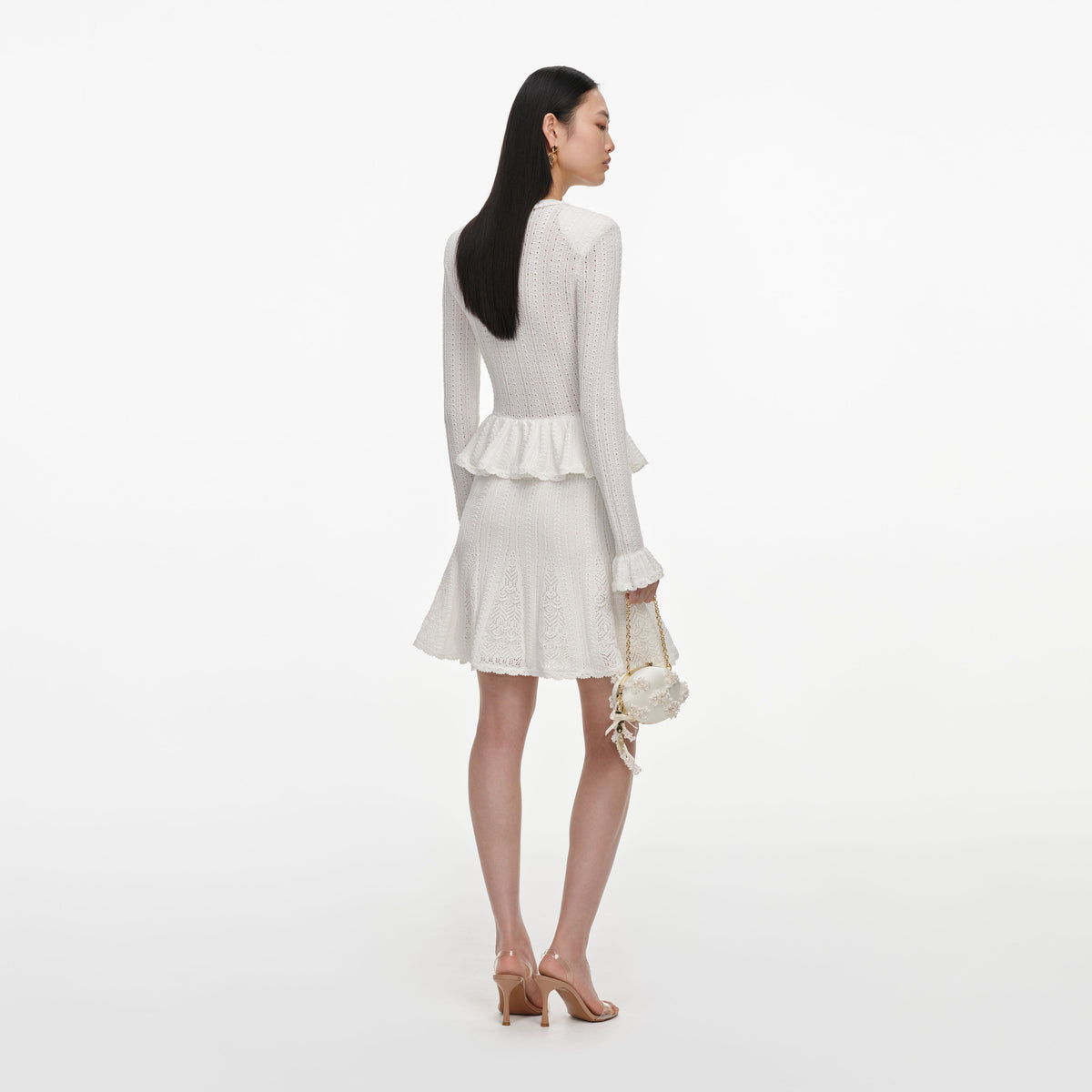 Beyaz Ajurlu ve Peplum Detaylı Triko Mini Elbise