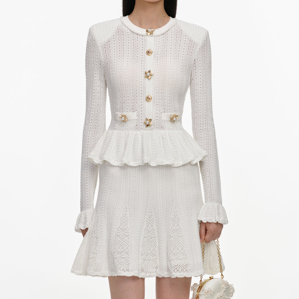Beyaz Ajurlu ve Peplum Detaylı Triko Mini Elbise