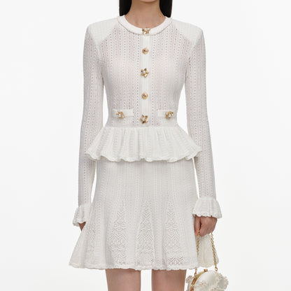 Beyaz Ajurlu ve Peplum Detaylı Triko Mini Elbise