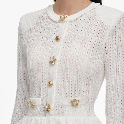 Beyaz Ajurlu ve Peplum Detaylı Triko Mini Elbise