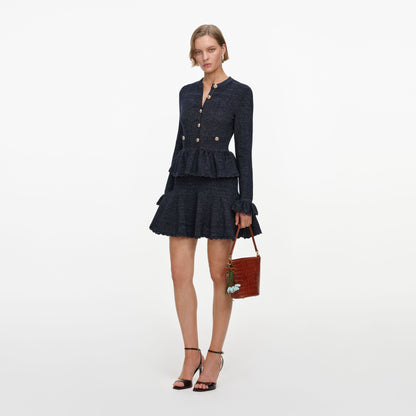 Lacivert Dokulu Triko Peplum Detaylı Mini Elbise