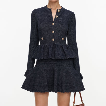 Lacivert Dokulu Triko Peplum Detaylı Mini Elbise
