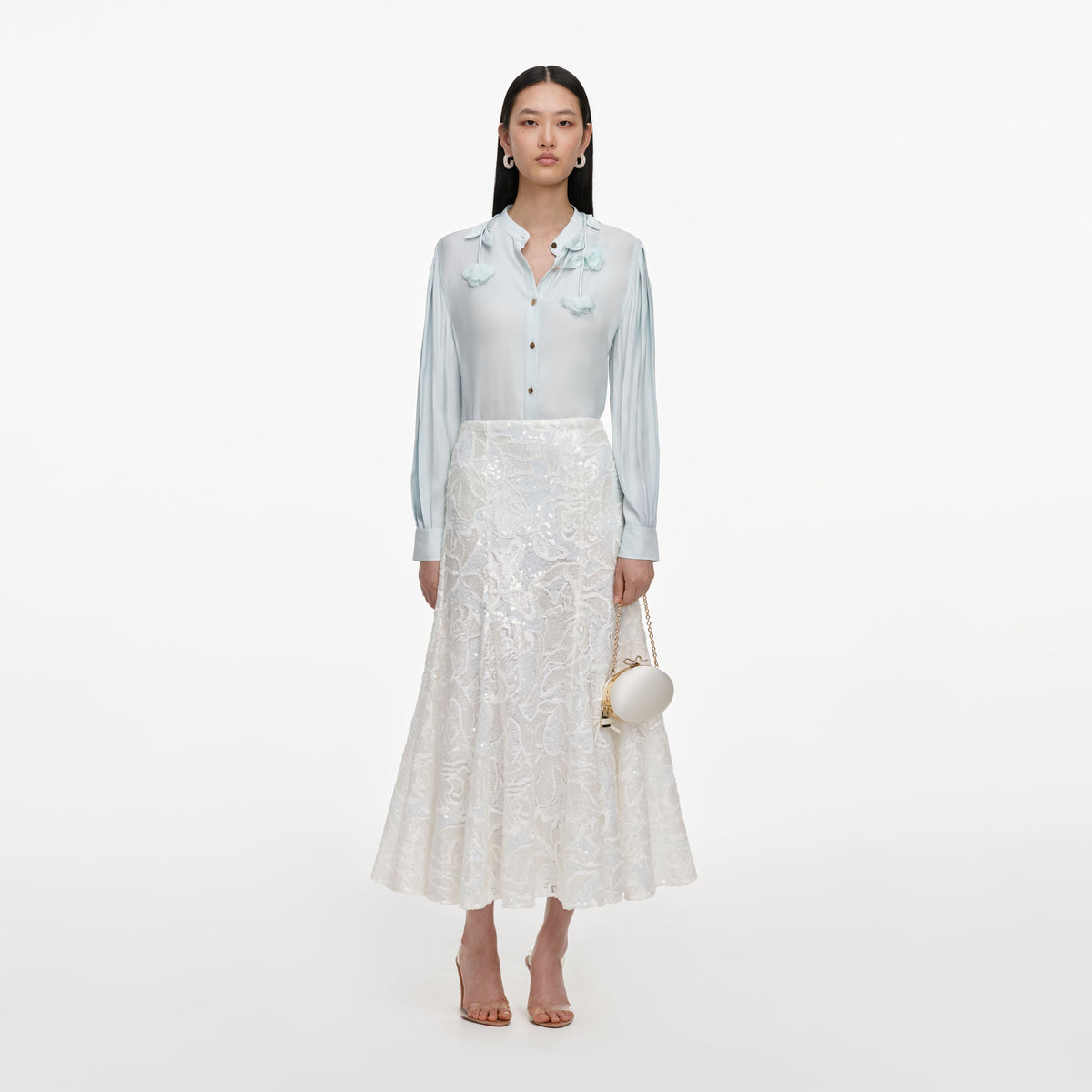 Beyaz Payet Detaylı Dantel Midi Etek