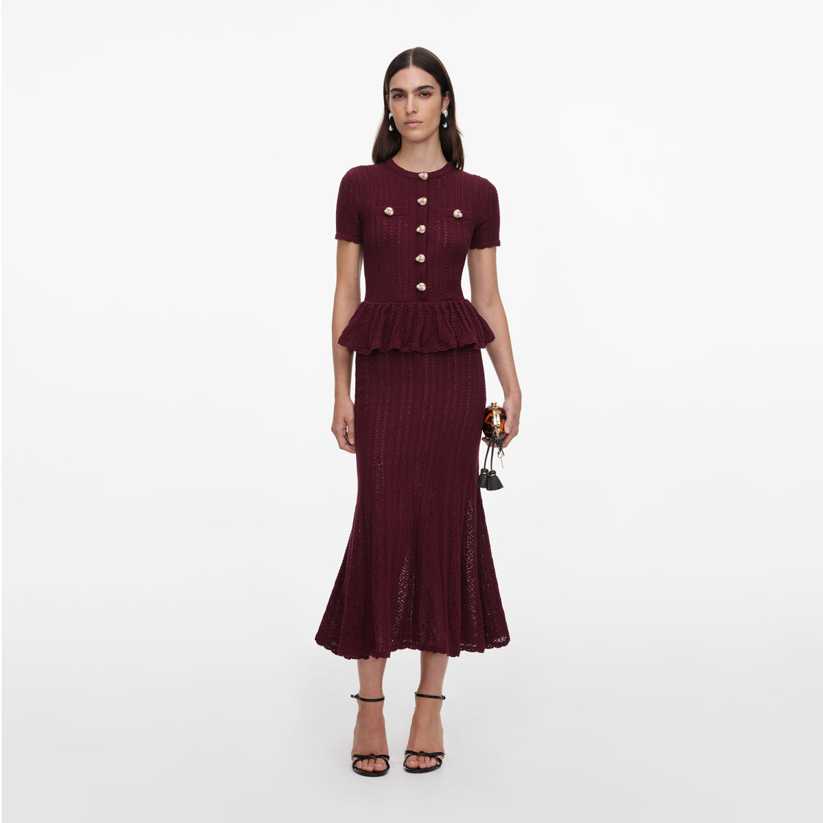 Bordo Ajurlu Peplum Detaylı Triko Midi Elbise