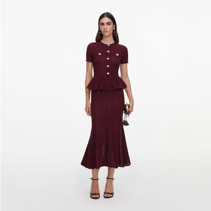Bordo Ajurlu Peplum Detaylı Triko Midi Elbise