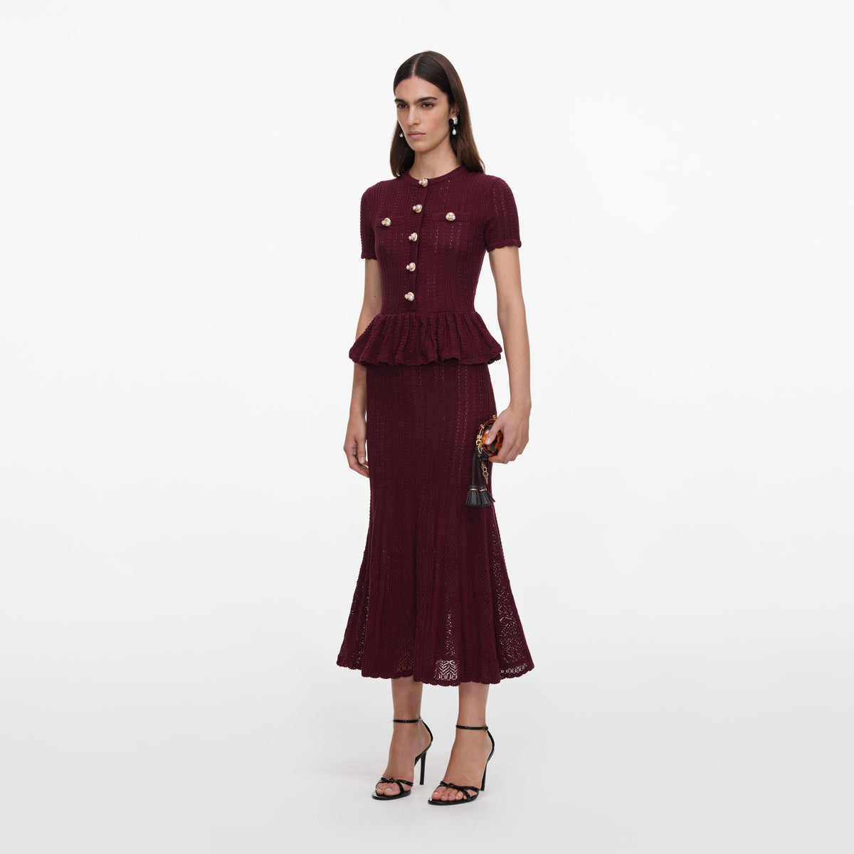 Bordo Ajurlu Peplum Detaylı Triko Midi Elbise