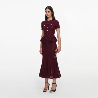 Bordo Ajurlu Peplum Detaylı Triko Midi Elbise