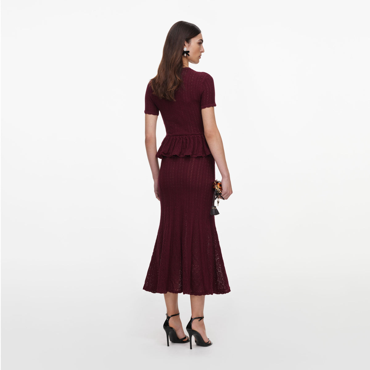 Bordo Ajurlu Peplum Detaylı Triko Midi Elbise
