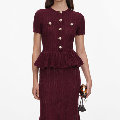 Bordo Ajurlu Peplum Detaylı Triko Midi Elbise