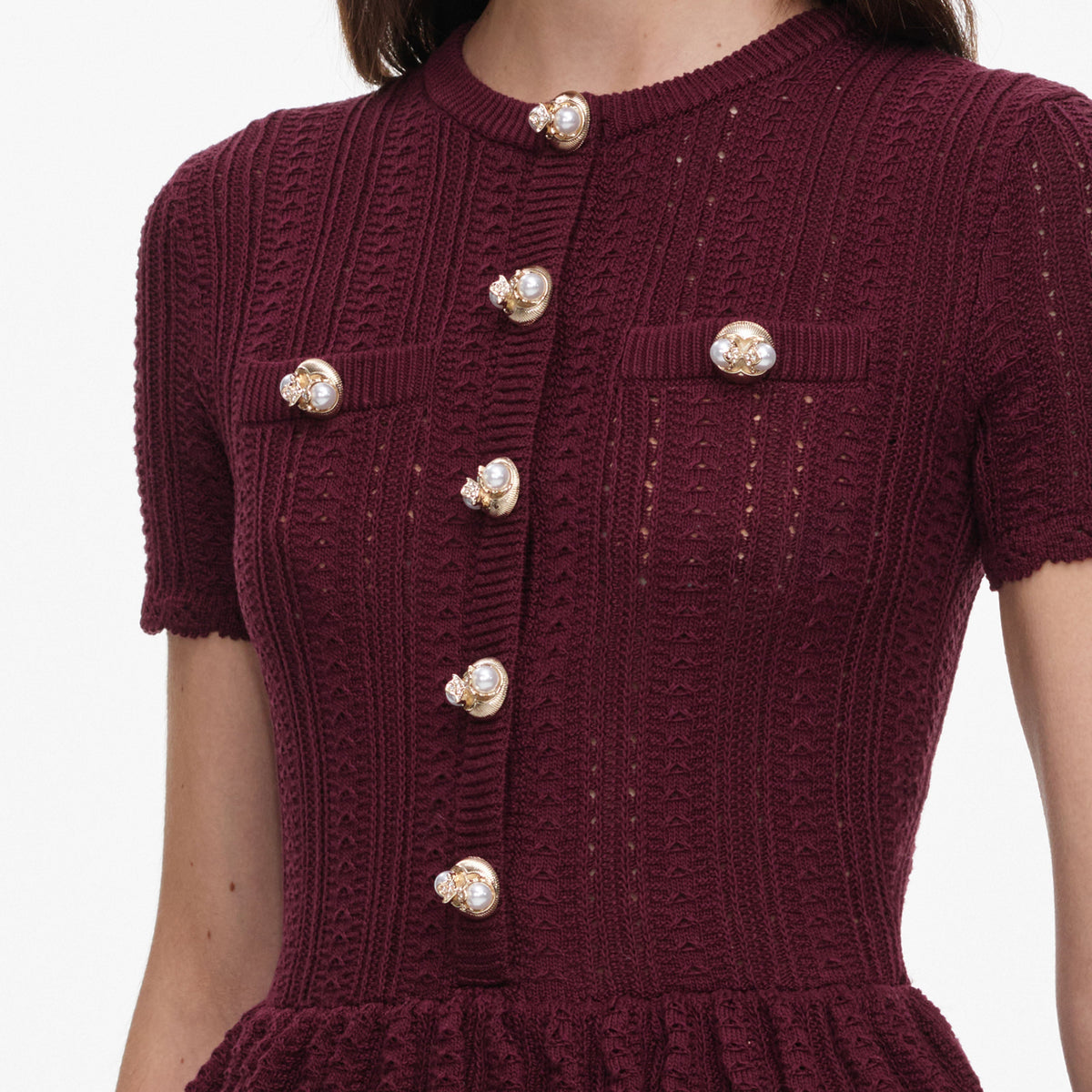 Bordo Ajurlu Peplum Detaylı Triko Midi Elbise