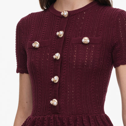 Bordo Ajurlu Peplum Detaylı Triko Midi Elbise