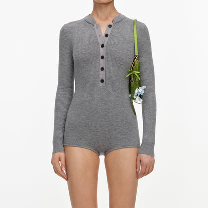 Gri Triko Düğme Detaylı Playsuit