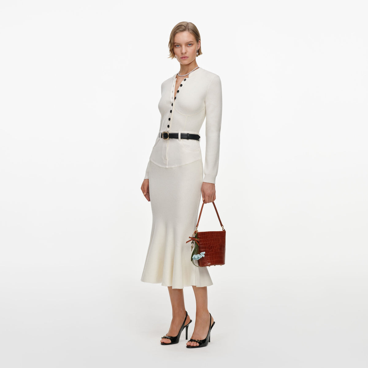 Krem Denim Detaylı Triko Midi Elbise