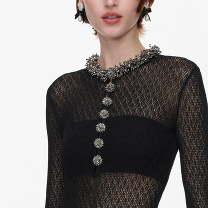 Siyah Ajurlu Triko Taş Detaylı Bodysuit