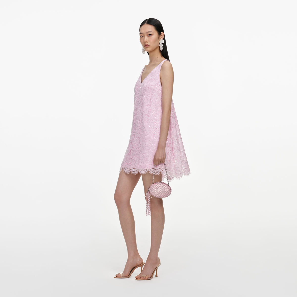 Pink Sequin Lace Cape Mini Dress