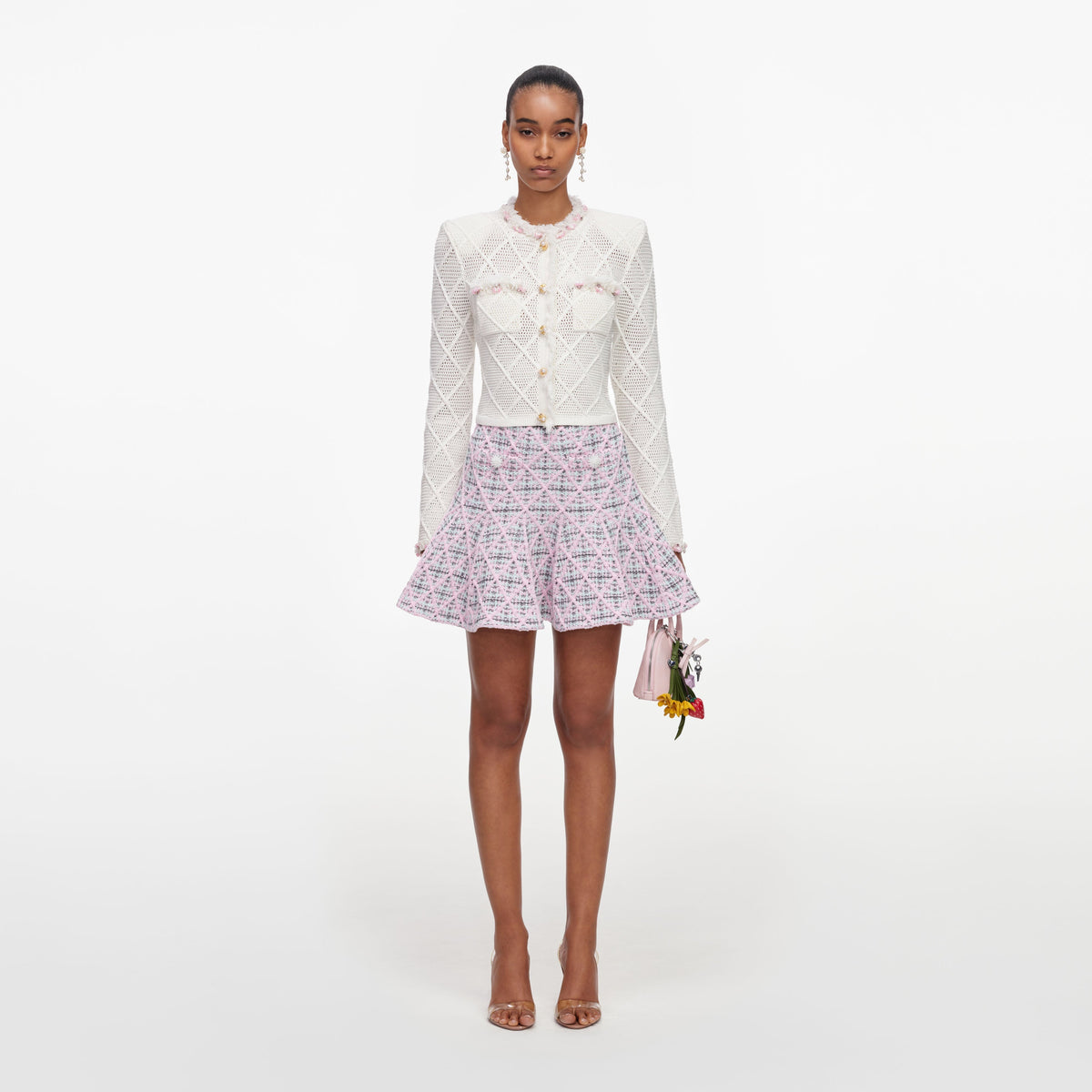 Pembe İnci Düğme Detaylı Ekose Triko Mini Etek