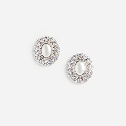 Gümüş Kristal İncili Oval Küpe