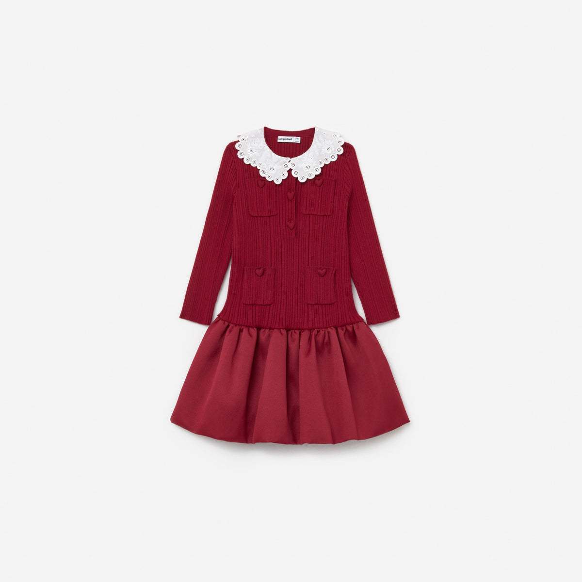 Bordo Tafta Etekli Örme Çocuk Elbise