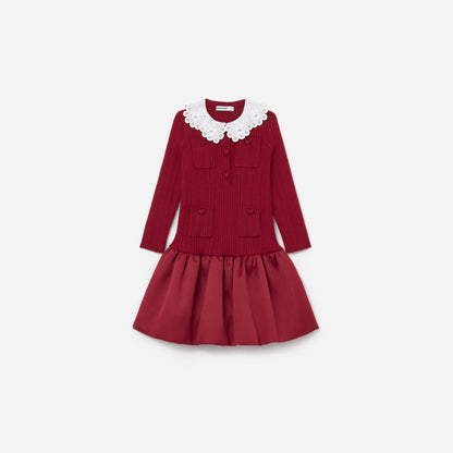 Bordo Tafta Etekli Örme Çocuk Elbise